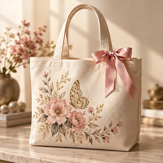 Floral tote and pink ribbon design inspiration